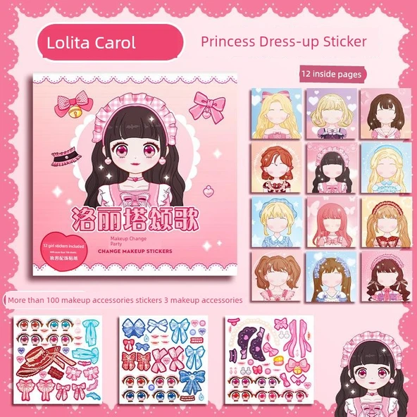 Prenses Giydirme Çıkartma Kitabı - Lolita Carol - 12 Prenses + 3 Makyaj Çıkartması