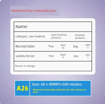 Gıda Örneği Etiketleme Çıkartmaları - A26 Depolama Etiketi Su Geçirmez Çıkarılabilir Yapıştırıcı 60x40mm