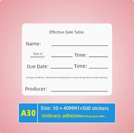 Gıda Örneği Etiketleme Çıkartmaları - A30 Son Kullanım Tarihi Tablosu Sıradan Yapıştırıcı 50x40mm