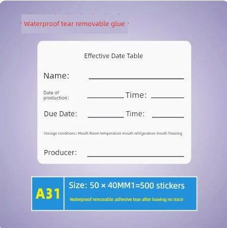 Gıda Örneği Etiketleme Çıkartmaları - A31 Son Kullanım Tarihi Tablosu Su Geçirmez Çıkarılabilir Yapıştırıcı 50x40mm