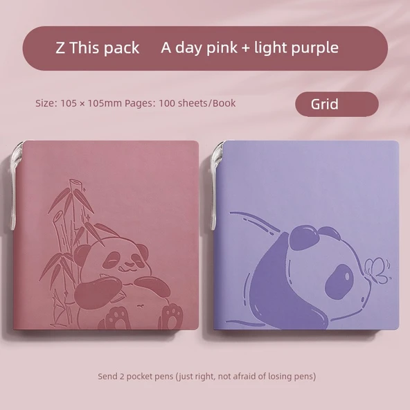 Sevimli Trompet Izgara Panda A6 Not Defteri PU Kapağı - 2 Kitap Izgara - Pembe + Mor