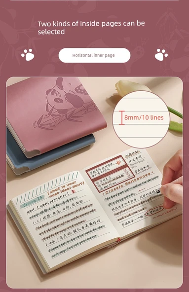 Sevimli Trompet Izgara Panda A6 Not Defteri PU Kapağı - 3 Kitap Izgara - Pembe + Yeşil + Mor - Resim 11