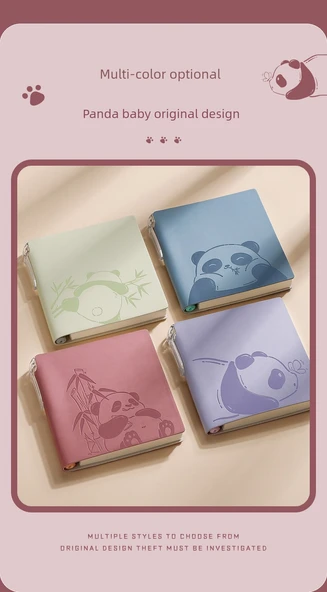 Sevimli Trompet Izgara Panda A6 Not Defteri PU Kapağı - 3 Kitap Izgara - Pembe + Yeşil + Mor - Resim 10