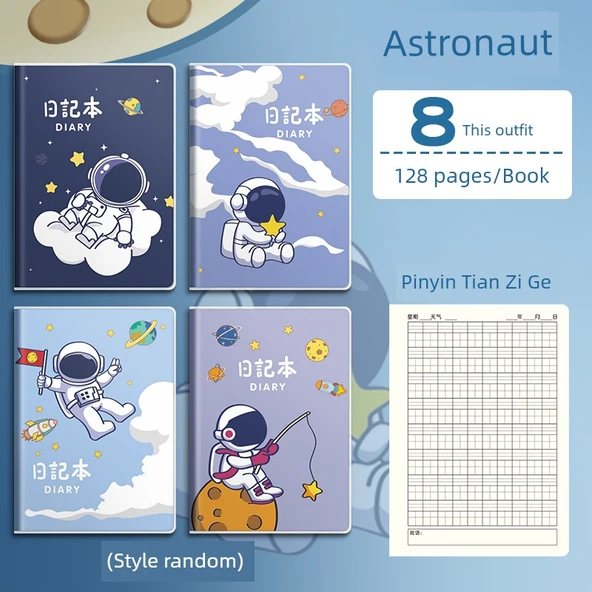 A5 Öğrenci Pratik Defteri - 8 Paket - Pinyin Tian Zi Ge İç Sayfa - Astronot Tasarımı