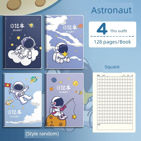A5 Öğrenci Pratik Defteri - 4 Paket - Karo İç Sayfa - Astronot Tasarımı