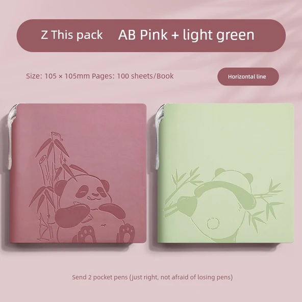 Sevimli Trompet Izgara Panda A6 Not Defteri PU Kapağı - 2 Kitap Çizgili - Pembe + Yeşil - 1