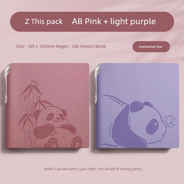 Sevimli Trompet Izgara Panda A6 Not Defteri PU Kapağı - 2 Kitap Çizgili - Pembe + Mor - 1