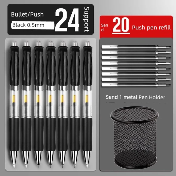 Siyah 0.5mm Presleme Jel Kalem - 24 Adet, 20 Yedek ve Metal Kalem Kutusu - Tavsiye Edilen Model 2
