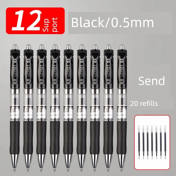 Siyah 0.5mm Presleme Jel Kalem - 12 Adet, 20 Yedek - Kalite Yükseltme