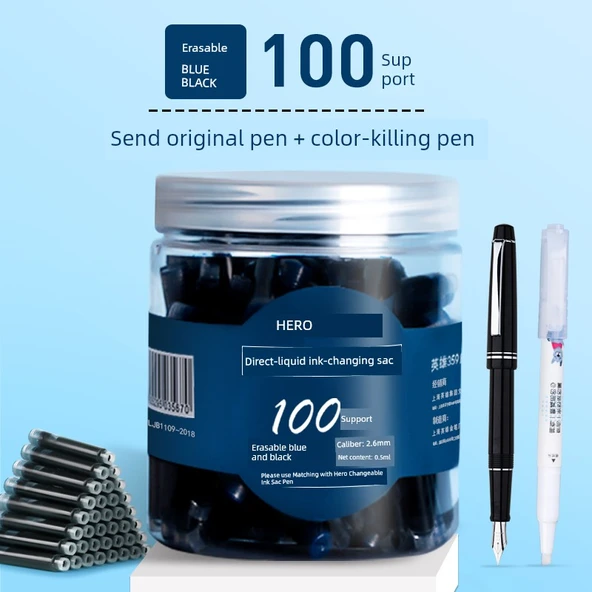 Mavi Siyah Silinebilir Mürekkep Kalemi - 100 Mürekkep Kesesi - 3.4mm