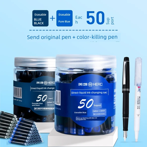 Saf Mavi ve Mavi Siyah Silinebilir Mürekkep Kalemi - 50 + 50 Mürekkep Kesesi - 3.4mm