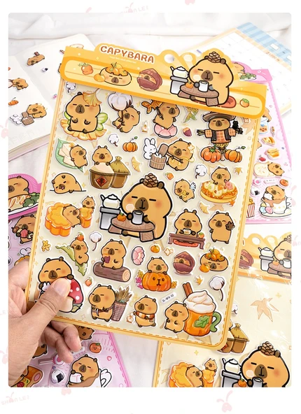 Kapibara Karikatür Sevimli Çıkartmalar 3D Su Geçirmez Dekoratif Çıkartmalar - Kappi Bala Köpük Yapıştırıcı/Tam Set 4+10 Set Gradyan 10 Set Şeffaf Yapışkan Kart - 10