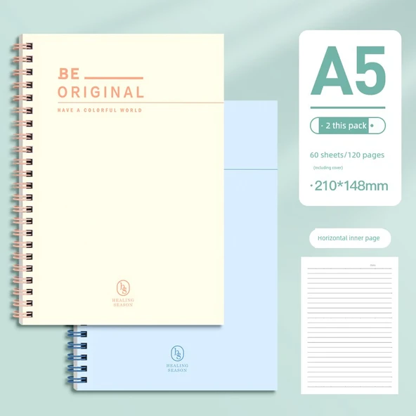 A5 Spiral Defter - Mavi Deniz, Gün Batımı Turuncu - 2 Paket