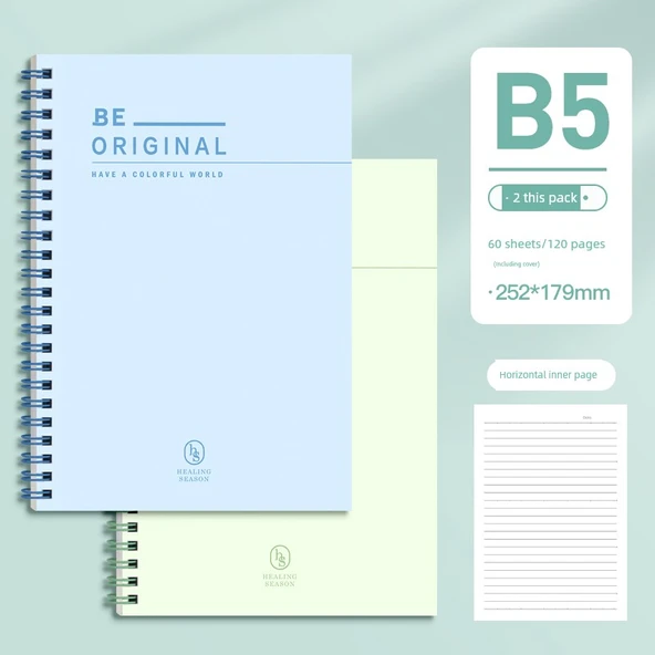 B5 Spiral Defter - Mavi Deniz, Yeşil Söğüt - 2 Paket