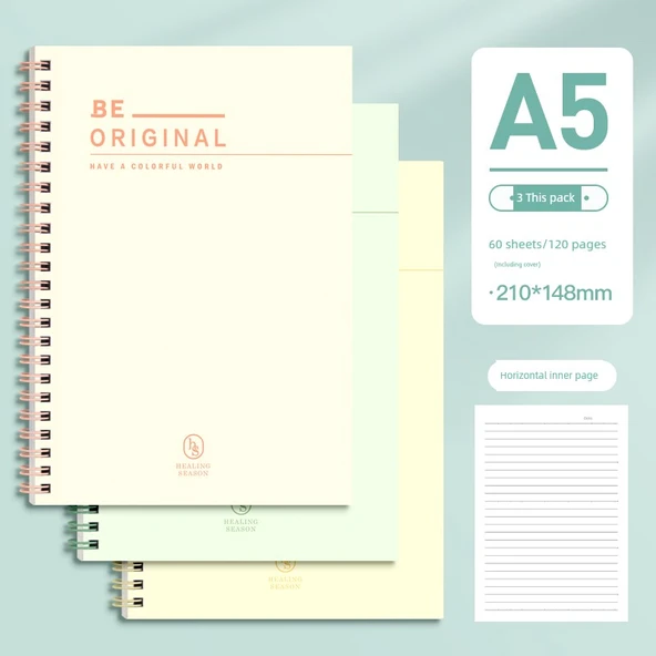 A5 Spiral Defter - Gün Batımı Turuncu, Yeşil Söğüt, Buğday Sarısı - 3 Paket