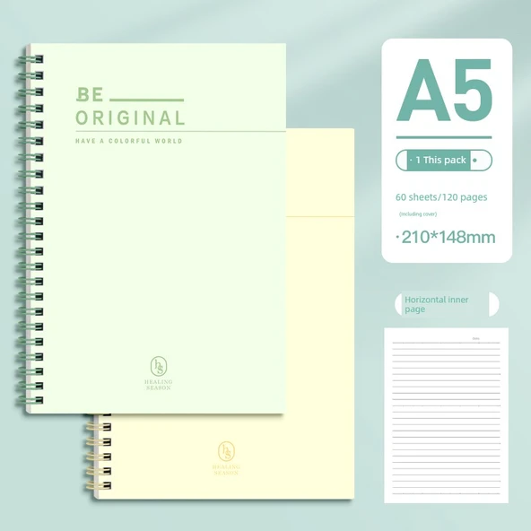 A5 Spiral Defter - Yeşil Söğüt, Buğday Sarısı - 2 Paket