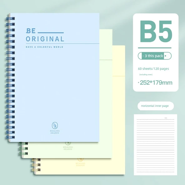 B5 Spiral Defter - Mavi Deniz, Yeşil Söğüt, Buğday Sarısı - 3 Paket