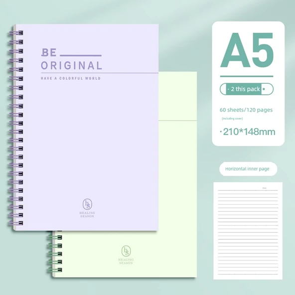 A5 Spiral Defter - Dumanlı Kıyafet Moru, Yeşil Söğüt - 2 Paket