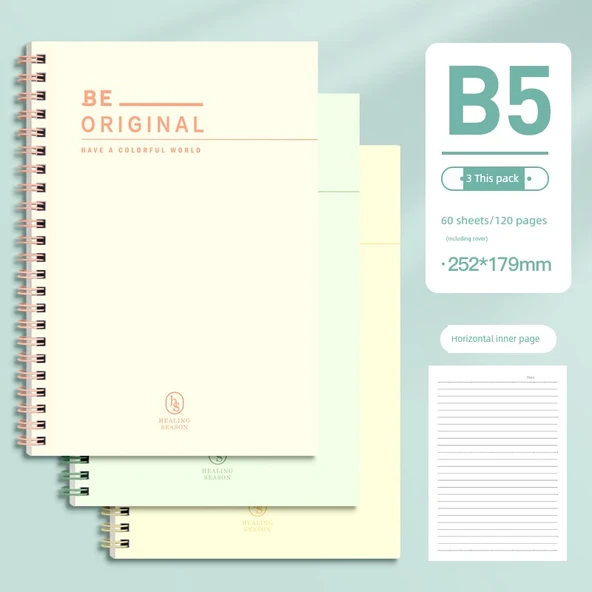 B5 Spiral Defter - Gün Batımı Turuncu, Yeşil Söğüt, Buğday Sarısı - 3 Paket