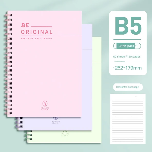 B5 Spiral Defter - Milenyum Pudrası, Dumanlı Kıyafet Moru, Yeşil Söğüt - 3 Paket