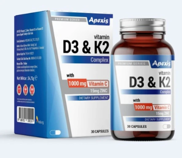 APEXİS D3 & K2(1000IU) ,1000 MG C VİTAMİNİ ,15 MG ÇİNKO 30 KAPSUL  (D3K2)