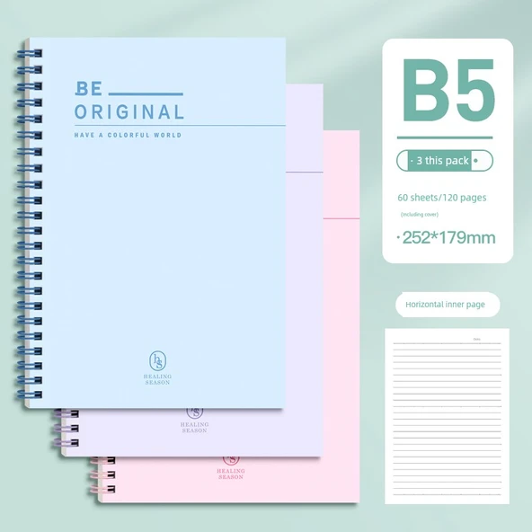 B5 Spiral Defter - Mavi Deniz, Dumanlı Kıyafet Moru, Milenyum Pudrası - 3 Paket