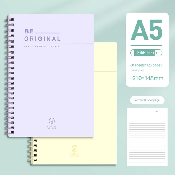 A5 Spiral Defter - Dumanlı Kıyafet Moru, Buğday Sarısı - 2 Paket