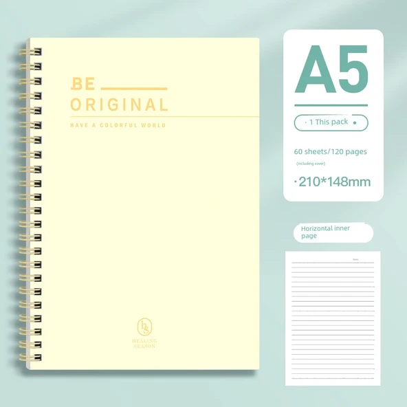 A5 Spiral Defter - Buğday Sarısı - 120 Sayfa