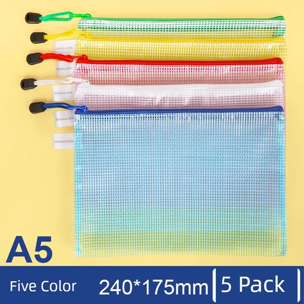 A5 Kalın Şeffaf Dosya Çantası - Renkli 5'li Paket