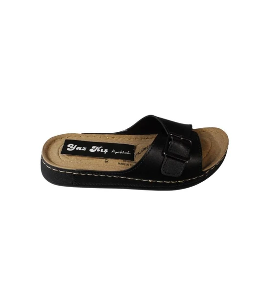 YAZKIŞ Kadın Siyah Krem Kırmızı Tek Bant Tokalı Yumuşak Comfort Taban Terlik - 7