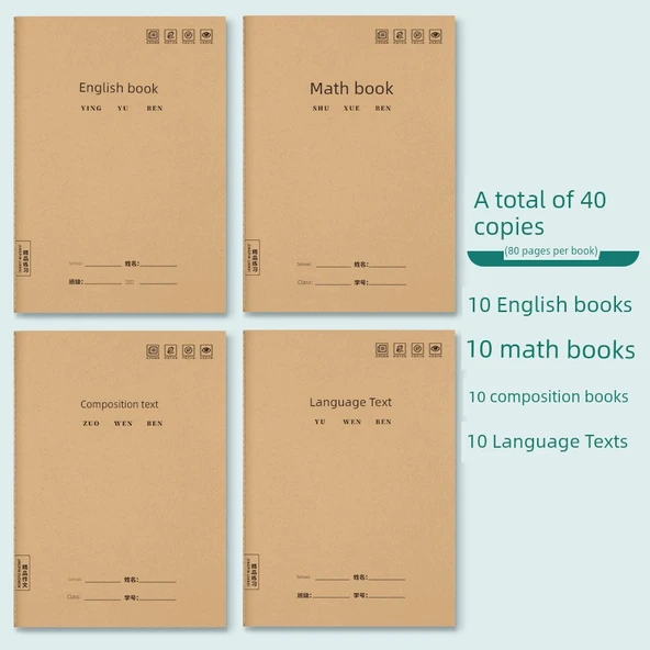 16K Karışık Konu Alıştırma Defteri - [40] İngilizce + Matematik + Kompozisyon + Çince (10 Adet Her Biri)