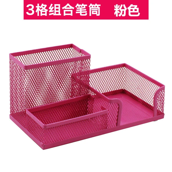 Ofis Masası Metal Kalemlik Üç Bölmeli Minimalist - Pembe