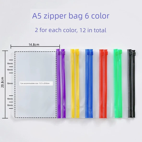 A5 A6 Gevşek Yaprak Spiral Defter Fermuarlı Çanta - Kılıfsız A5 Fermuarlı 6 Renk 12 Adet