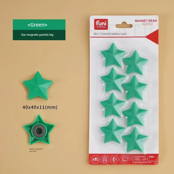 Manyetik Beşgen Yıldız Çıkartmalar - 4cm Üç Boyutlu Yeşil (8 adet/kart)