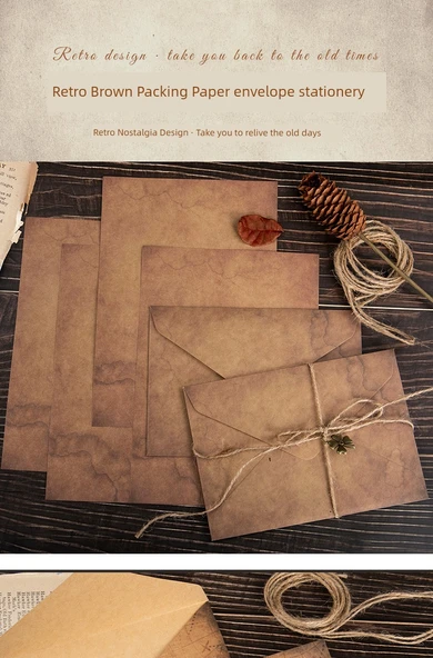 Kraft Kağıt Mektup ve Zarf Seti - 4 Paket Yapraklar - 16 Mektup Kağıdı + 8 Zarf - 7