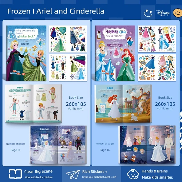 Frozen Elsa Prenses Kostüm Çıkartma Kitabı - 2 Set - Frozen + Ariel ve Cinderella