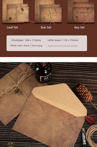 Kraft Kağıt Mektup ve Zarf Seti - 2 Paket Yapraklar - 8 Mektup Kağıdı + 4 Zarf - 9