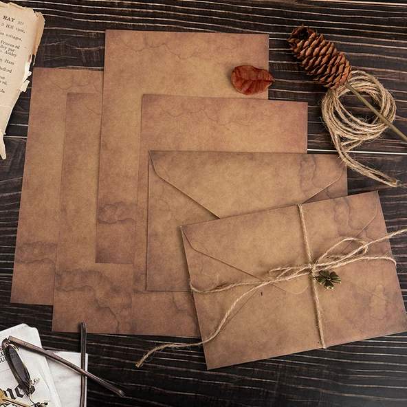 Kraft Kağıt Mektup ve Zarf Seti - Minimalist Keten Takım - 3 Zarf + 6 Kraft Mektup Kağıdı + 3 Ateş Boya Mühürü - 6