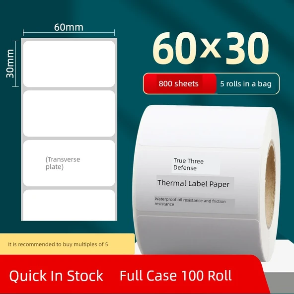 Termal Barkod Yazıcı Etiketleri - 60x30mm, 800 Sayfa, 5 Rulo, Ekstra Yapışkan