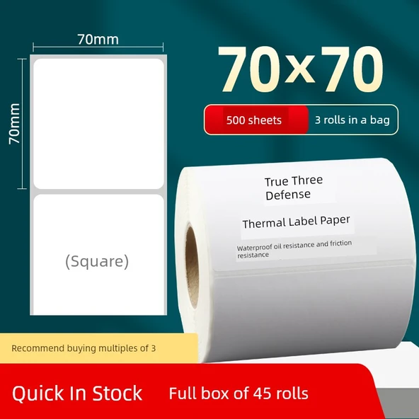 Termal Barkod Yazıcı Etiketleri - 70x70mm, 500 Sayfa, 3 Rulo, Ekstra Yapışkan