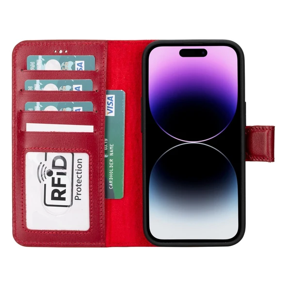 Apple iPhone 15 Uyumlu Deri Cüzdanlı Kılıf MWWN V4EF Kırmızı - 2