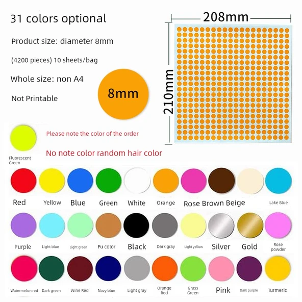A4 Yuvarlak Nokta Etiketleri - 8mm Çap - 10 Sayfa/Paket - Karışık Renkler
