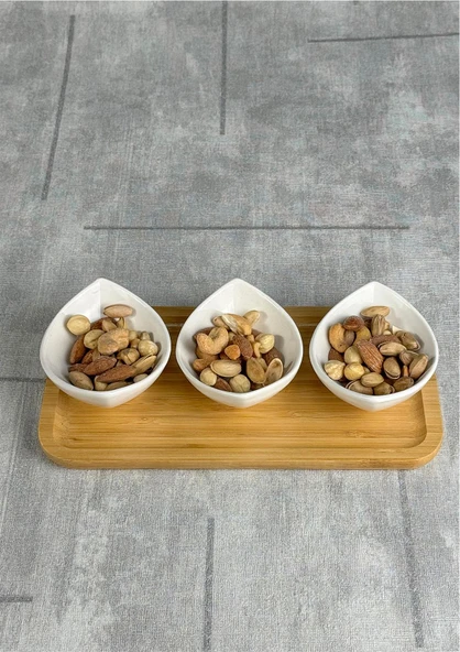 Bambu Stantlı 3'lü Çerezlik - Porselen Lokumluk, Sosluk, Kahvaltılık Seti, - 3X50 ML