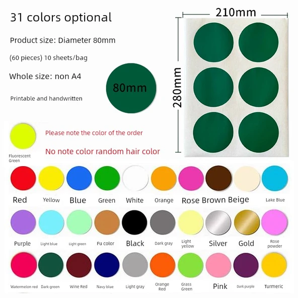 A4 Yuvarlak Nokta Etiketleri - 80mm Çap - 10 Sayfa/Paket