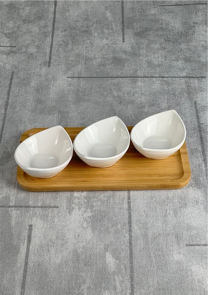 Bambu Stantlı 3'lü Çerezlik - Porselen Lokumluk, Sosluk, Kahvaltılık Seti, - 3X50 ML - 3