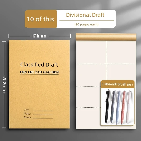 Kalem Defteri - Kalınlaştırılmış - Bölümlü Taslak - 10 Paket + 5 Fırça Kalemi