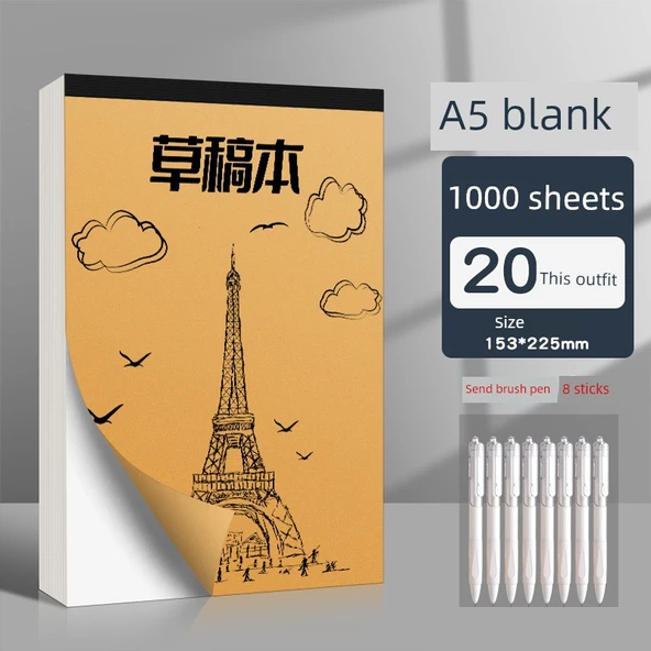 A5 Kalın Çizim Kağıdı - Boş Çizim 20 Paket/1000 Yaprak + 8 Fırça Kalem