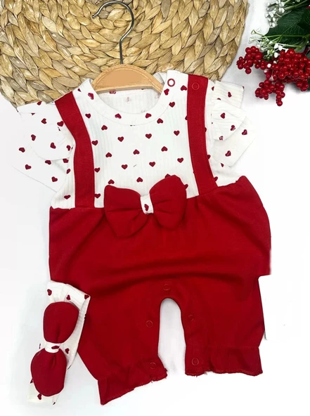 Lenaca 3-6-9-12 Ay Bandanalı Piti Kalp Baskılı Salopet Görünümlü 2li Kız Bebek Takımı ürün görseli