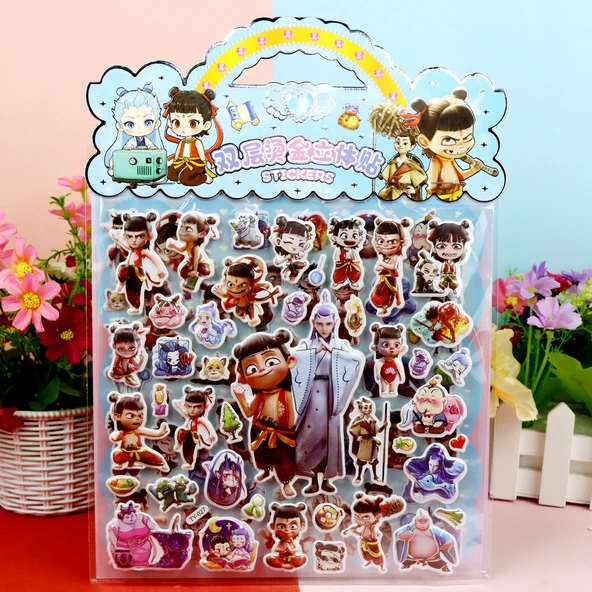 Çocuklar için 3D Karikatür Balon Çıkartmaları - Nezha 3 - Çift Katmanlı Bronzaj Stereo Çıkartma