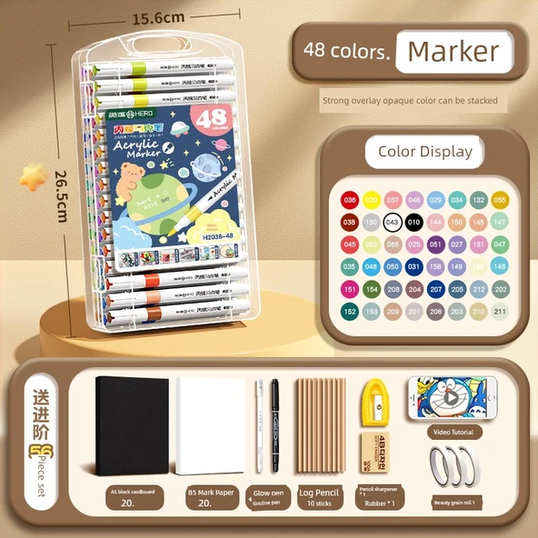Akrilik Marker Kalem Seti - 48 Renk Geliştirilmiş Mürekkep Miktarı 56 Parça Set